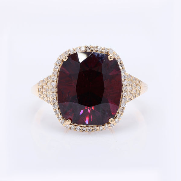 8.37 Ct Cushion Mixed Cut Natural Rhodolite 14K Gold Ring