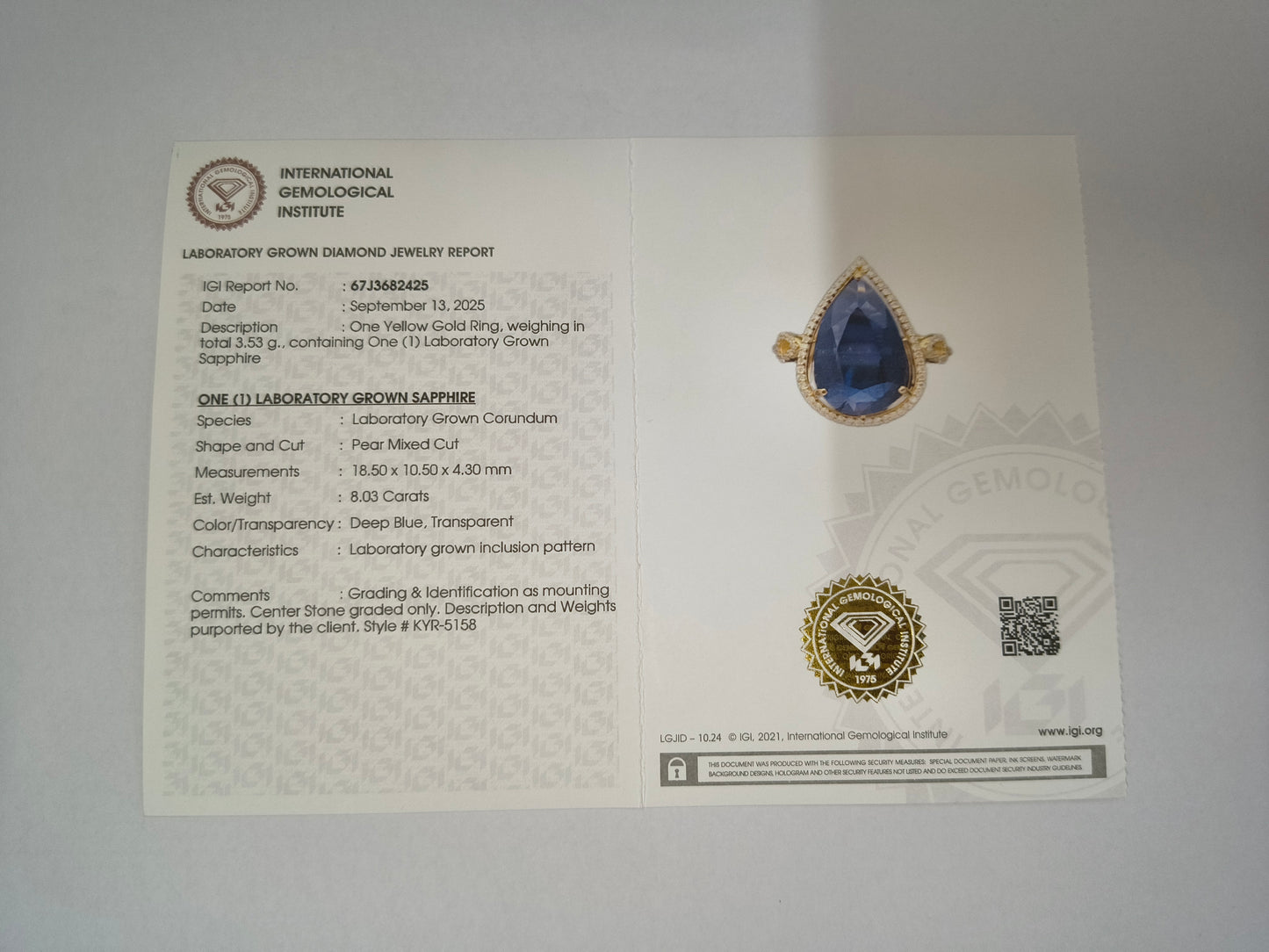 8.31 Ct Pear Mixed Cut Lab Grown Sapphire 14K Gold Ring