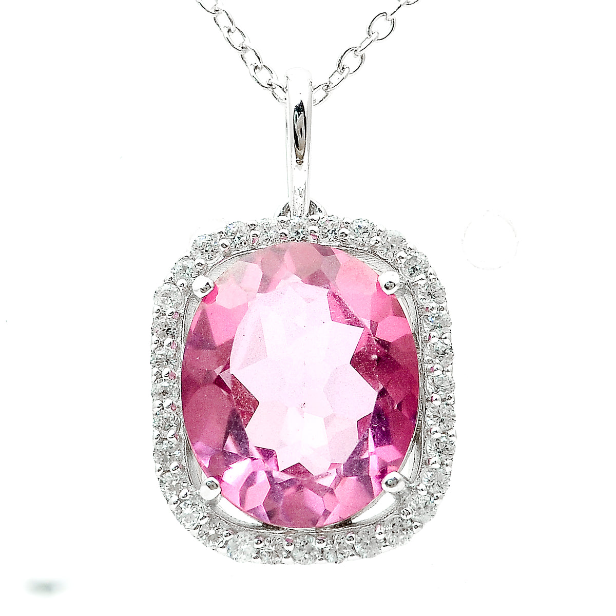 5.06 Ct Oval Pink Topaz, White Zircon 925 Sterling Silver Pendant