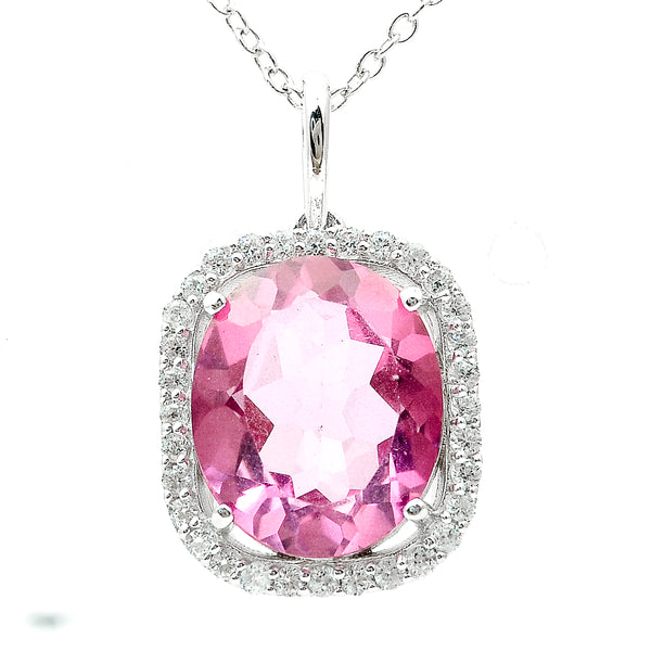 5.06 Ct Oval Pink Topaz, White Zircon 925 Sterling Silver Pendant