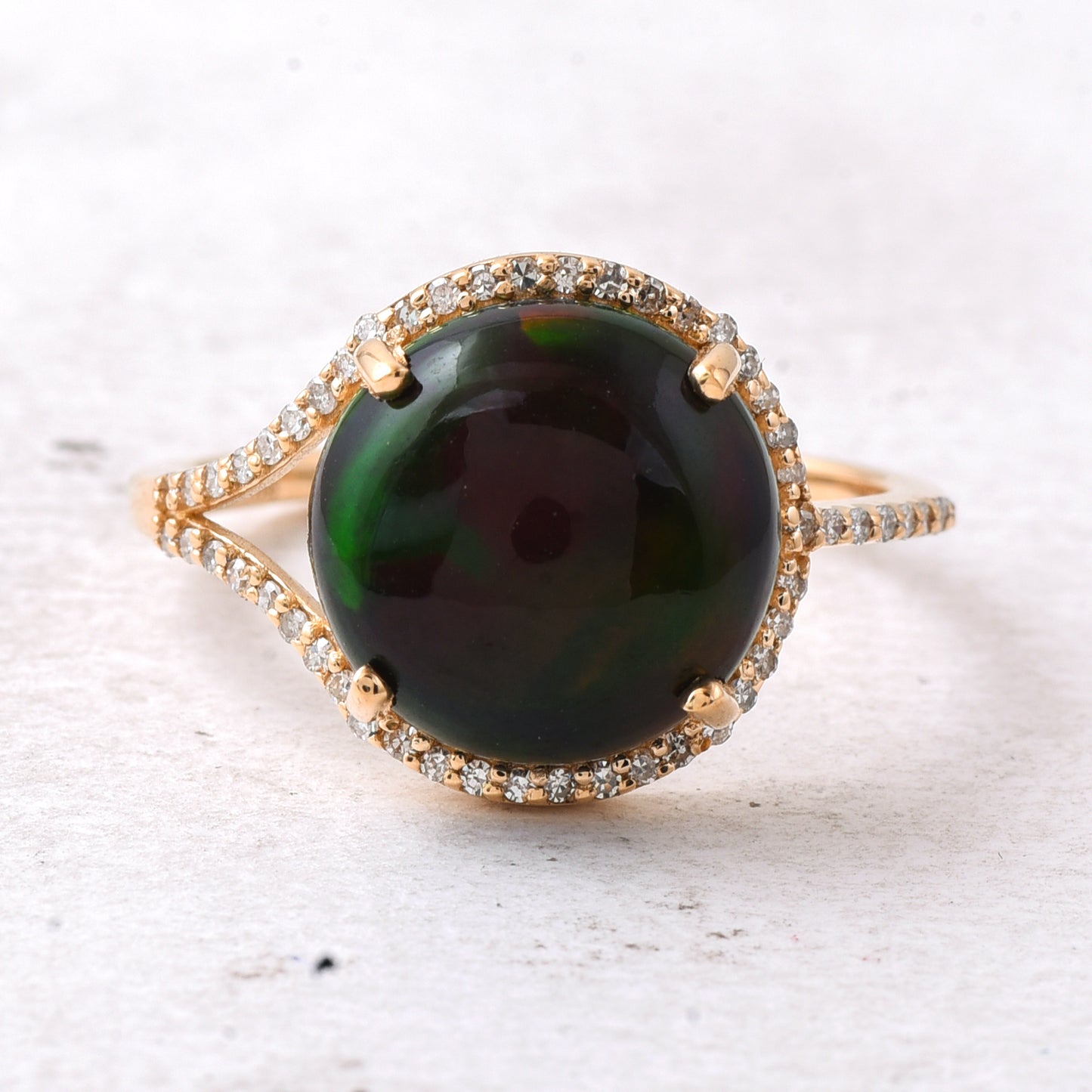 3.24 Ct Round Cabochon Cut Natural Black Opal 14K Gold Ring