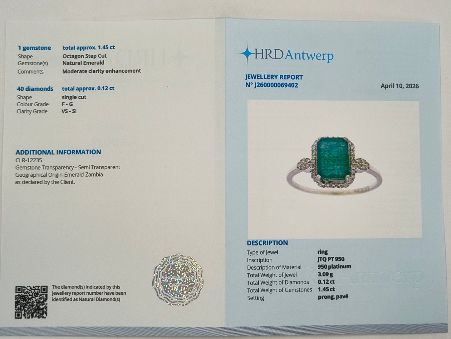 1.57 Ct Octagon Step Cut Natural Emerald 950 Platinum Ring