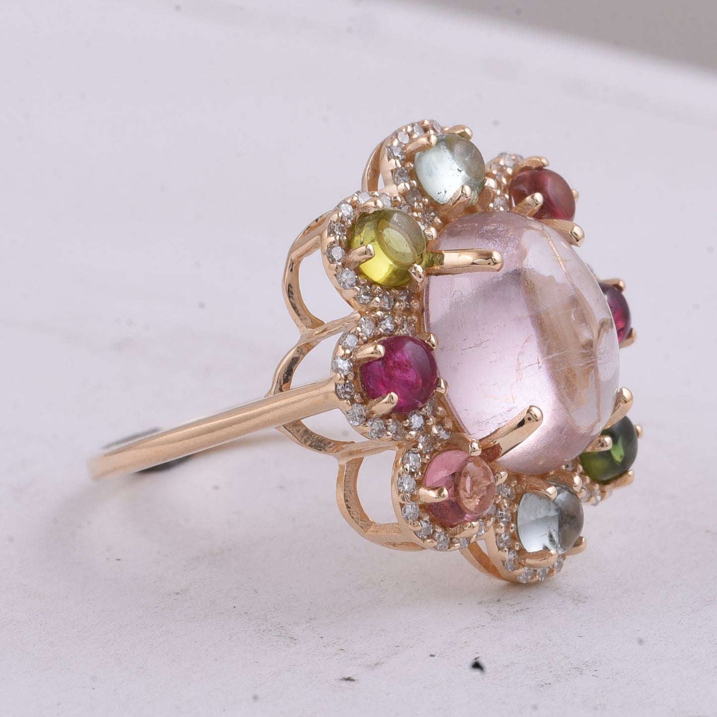 6.06 Ct Oval Cabochon Cut, Round Cabochon Cut Natural Multi-Coloured Tourmaline 14K Gold Ring
