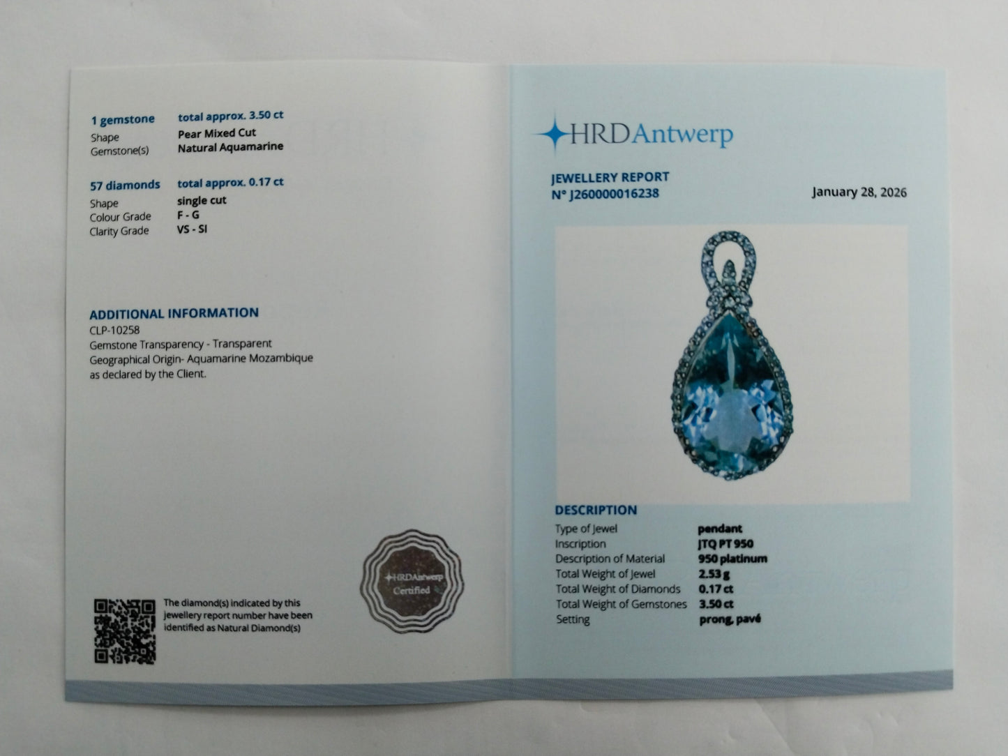 3.67 Ct Pear Mixed Cut Natural Aquamarine 950 Platinum Pendant