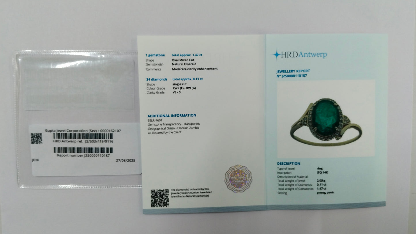 1.58 Ct Oval Mixed Cut Natural Emerald 14K Gold Ring