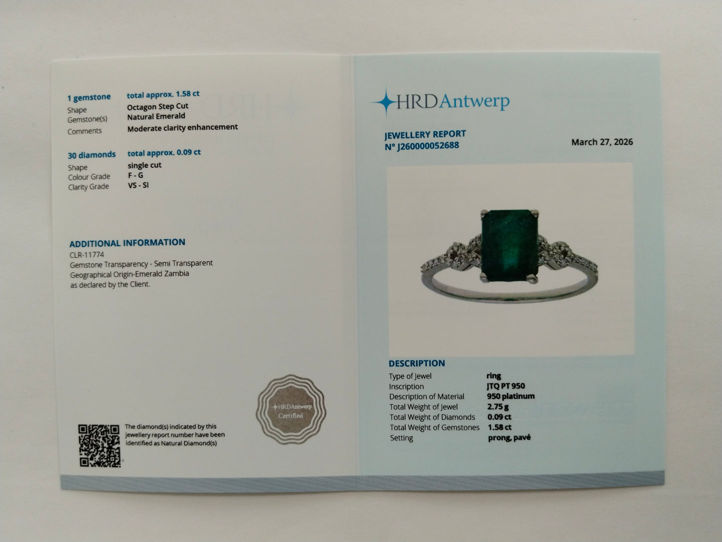 1.67 Ct Octagon Step Cut Natural Emerald 950 Platinum Ring