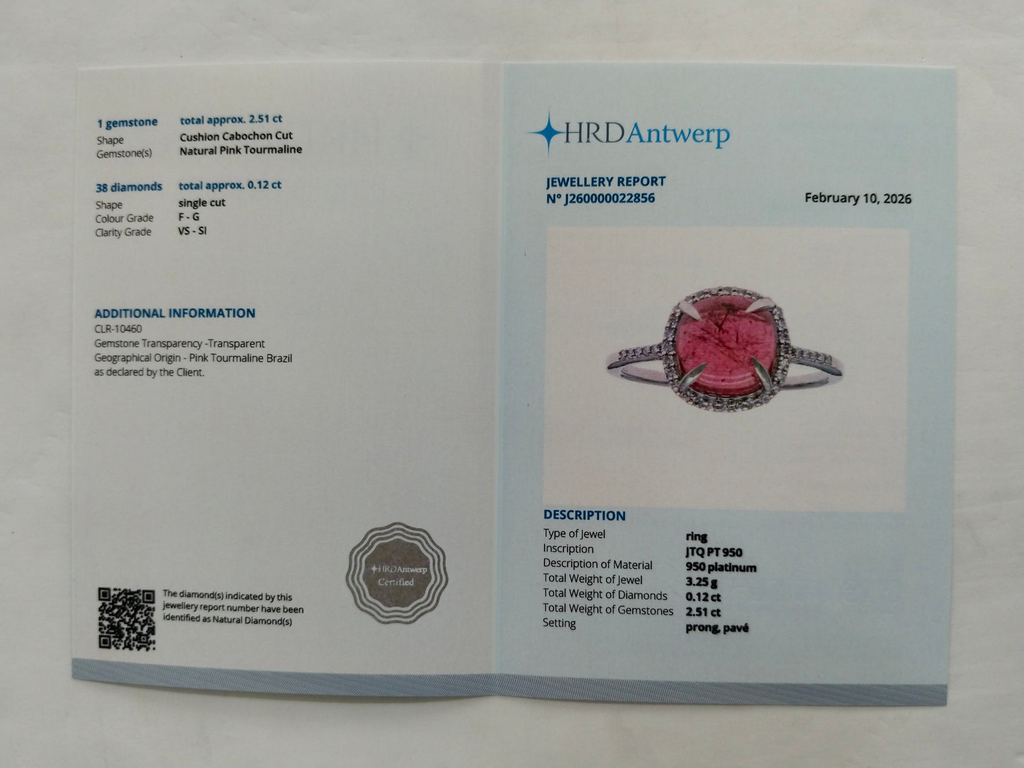 2.63 Ct Cushion Cabochon Cut Natural Pink Tourmaline 950 Platinum Ring