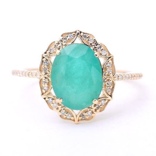 2.38 Ct Oval Mixed Cut Natural Emerald 14K Gold Ring