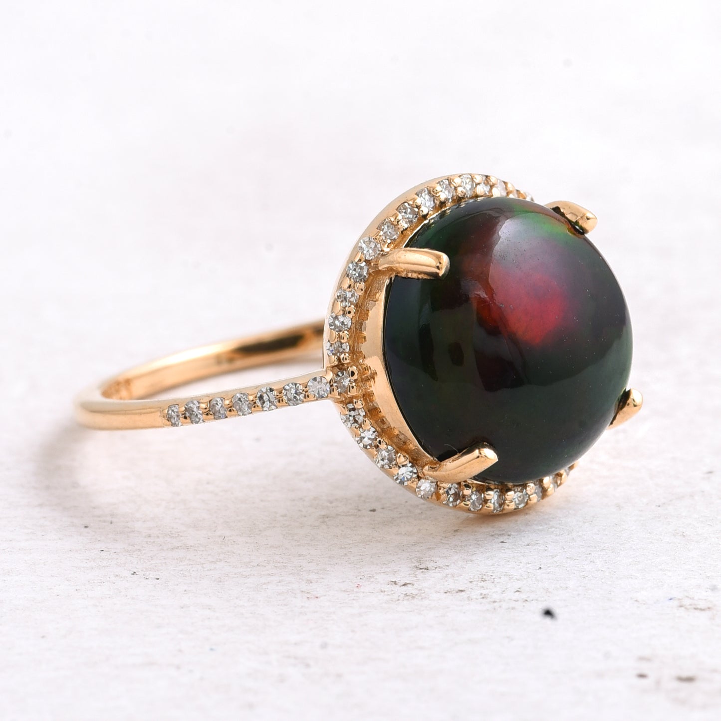 3.24 Ct Round Cabochon Cut Natural Black Opal 14K Gold Ring