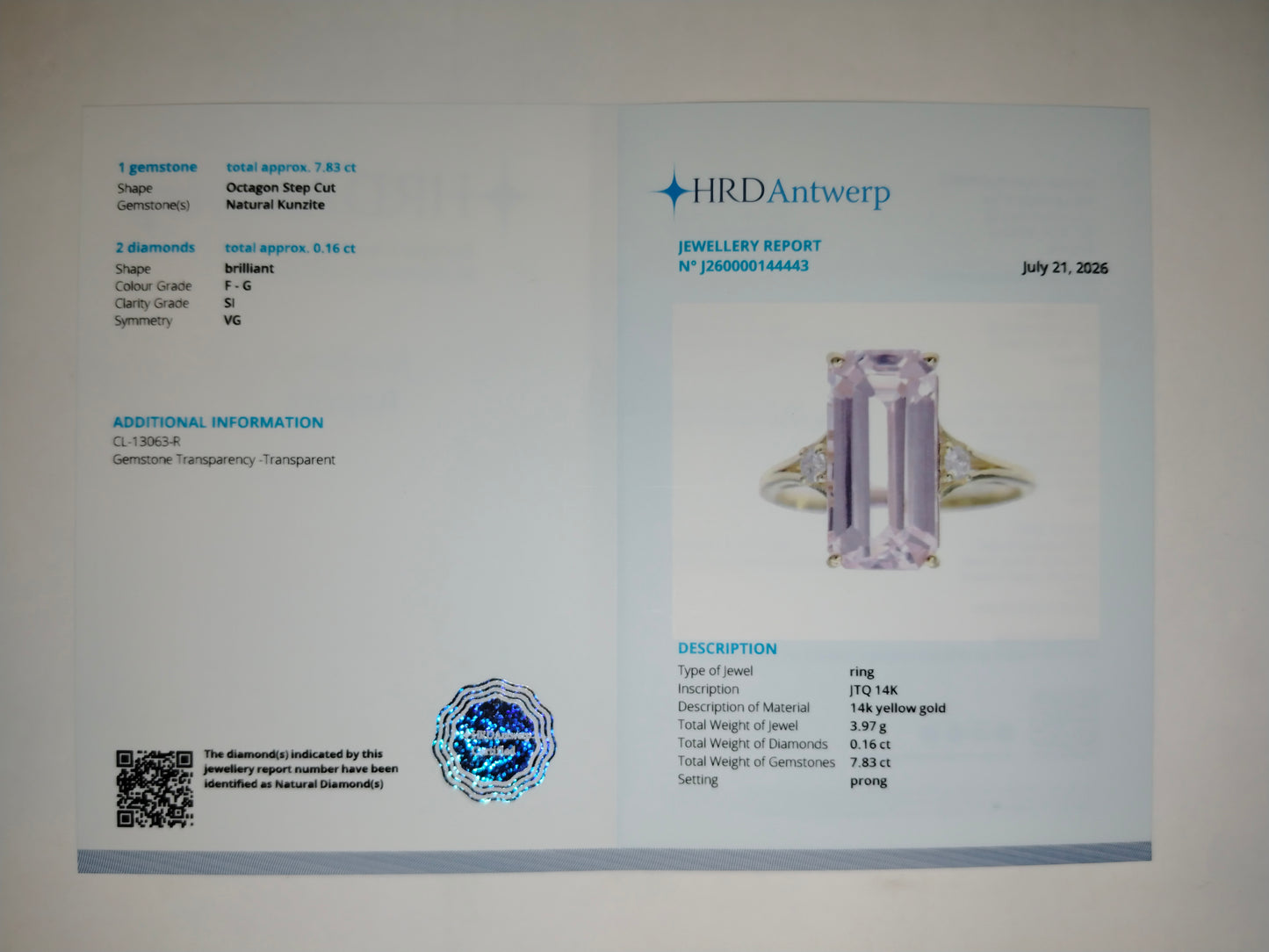 7.99 Ct Octagon Step Cut Natural Kunzite 14K Gold Ring