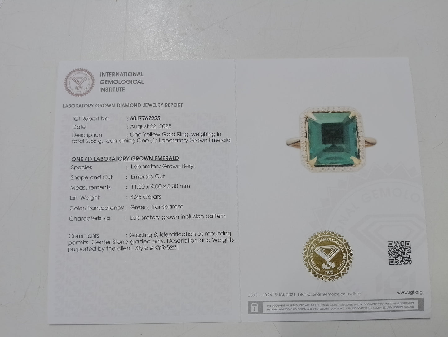 4.39 Ct Emerald Cut Lab Grown Emerald 14K Gold Ring