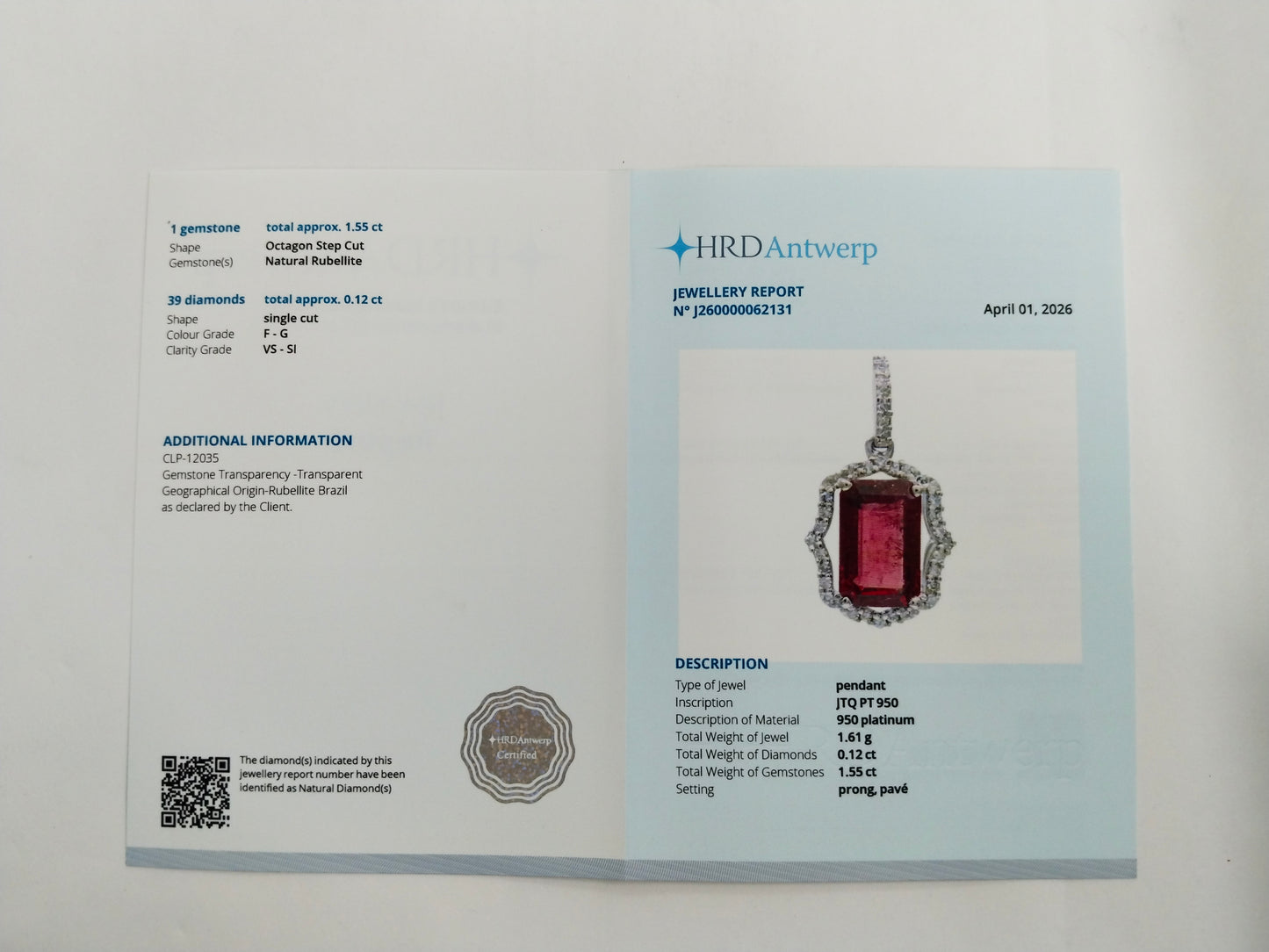 1.67 Ct Octagon Step Cut Natural Rubellite 950 Platinum Pendant