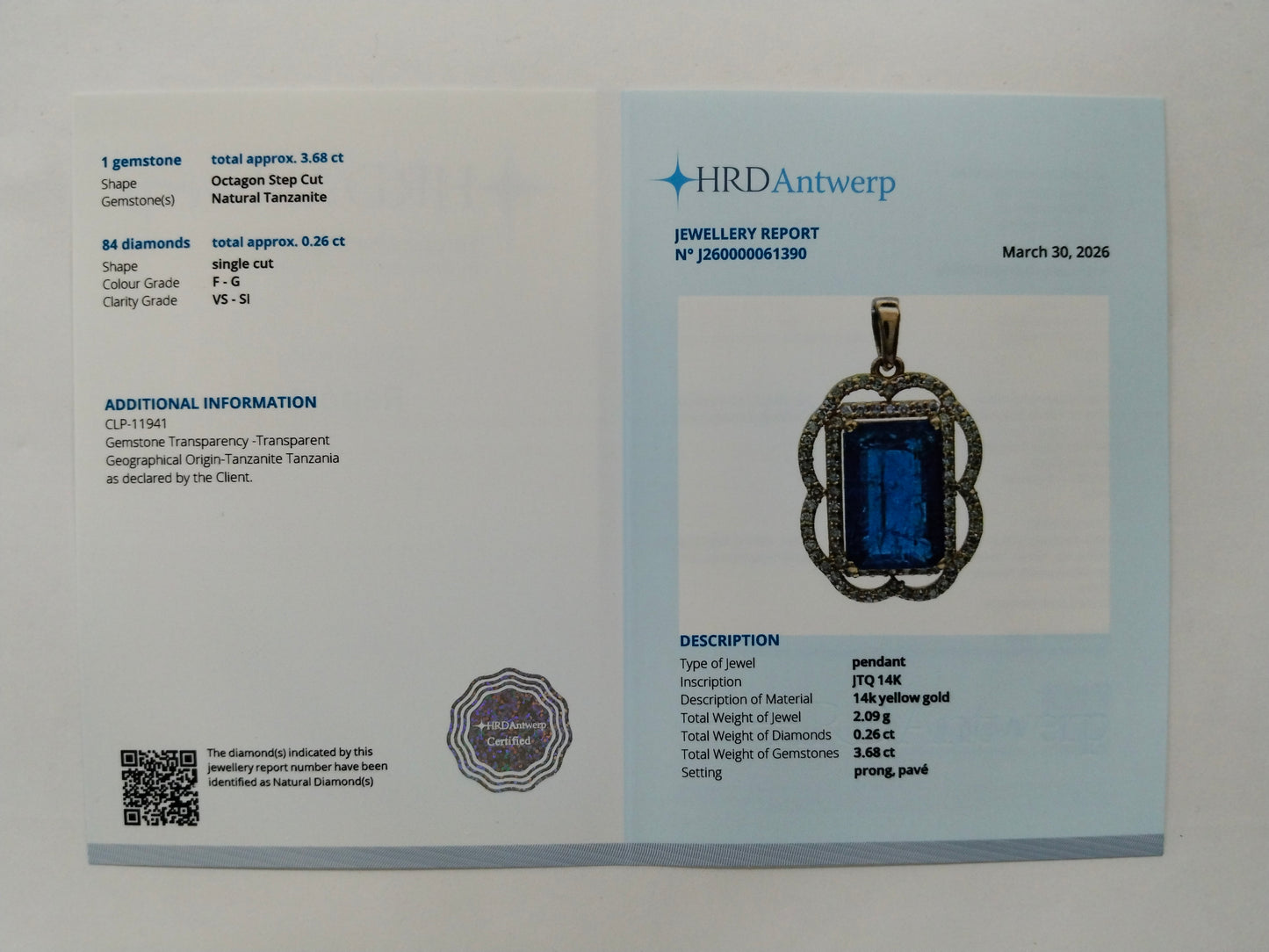 3.94 Ct Octagon Step Cut Natural Tanzanite 14K Gold Pendant
