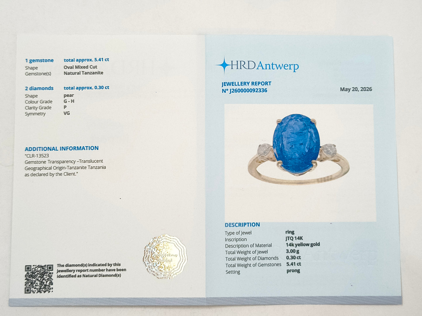 5.71 Ct Oval Tanzanite 14K Gold Ring