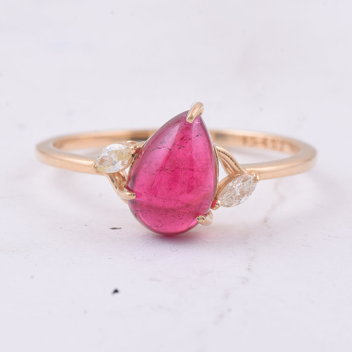 2.03 Ct Pear Cabochon Natural Rubellite 14K Gold Ring