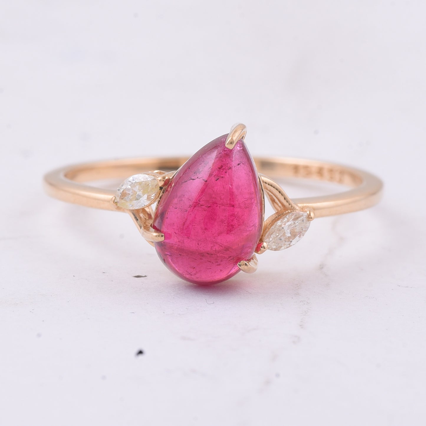 2.03 Ct Pear Cabochon Natural Rubellite 14K Gold Ring