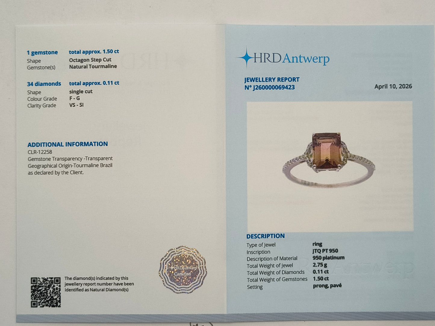 1.61 Ct Octagon Step Cut Natural Tourmaline 950 Platinum Ring
