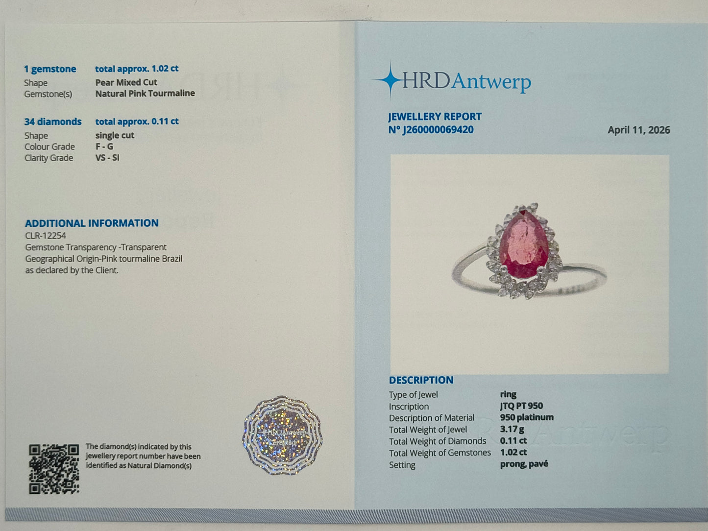 1.13 Ct Pear Mixed Cut Natural Pink Tourmaline 950 Platinum Ring