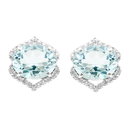 6.39 Ct Oval Blue Topaz, White Zircon 925 Sterling Silver Earrings