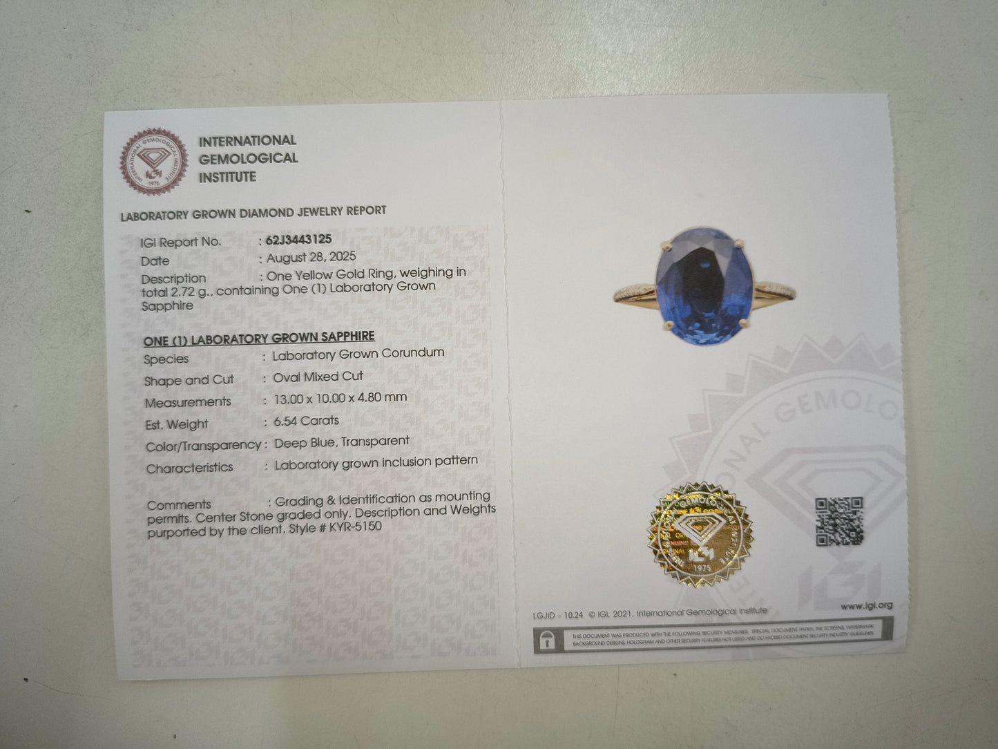 6.60 Ct Oval Mixed Cut Lab Grown Sapphire 14K Gold Ring