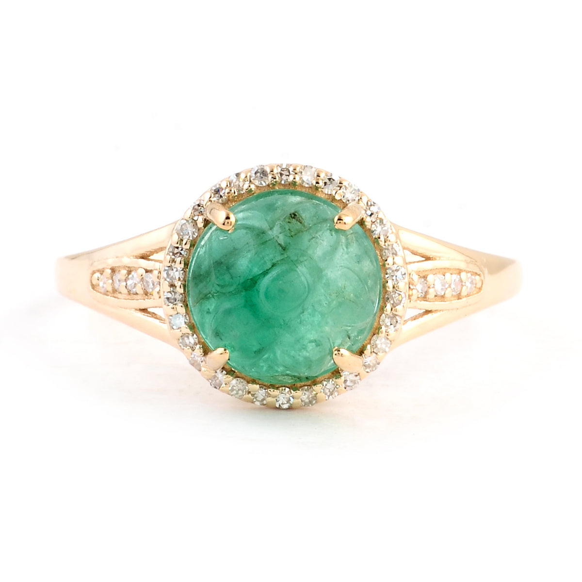2.20 Ct Round Carving Natural Beryl Emerald 14K Gold Ring