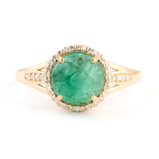 2.20 Ct Round Carving Natural Beryl Emerald 14K Gold Ring