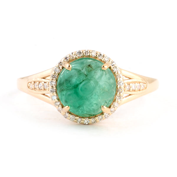 2.20 Ct Round Carving Natural Beryl Emerald 14K Gold Ring