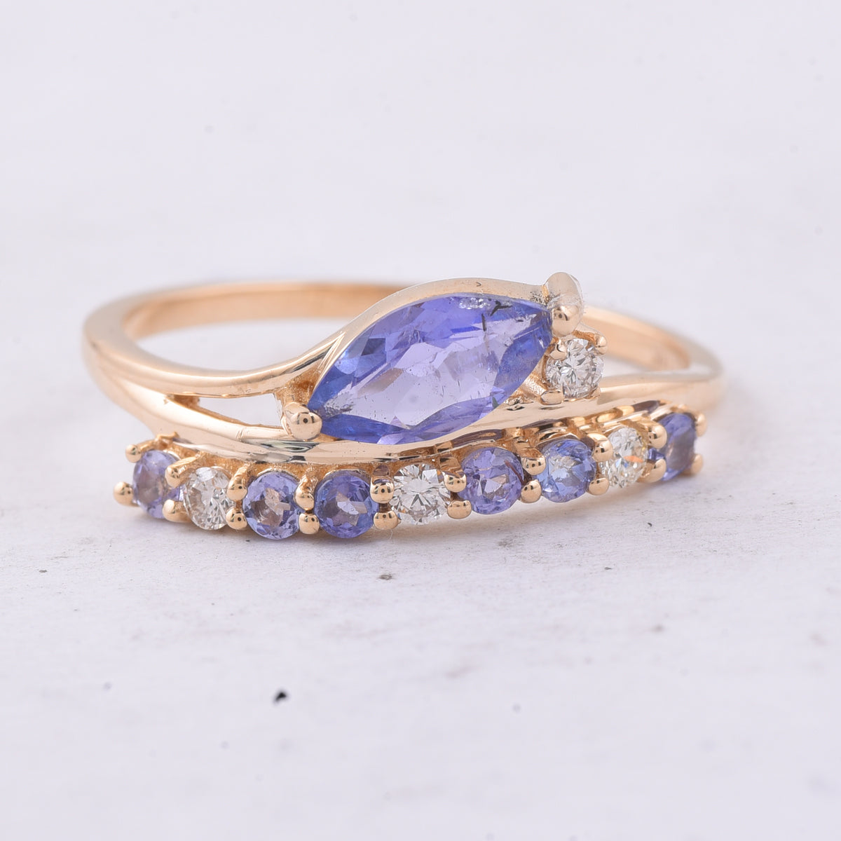 0.92 Ct Marquise, Round Natural Tanzanite 14K Gold Ring