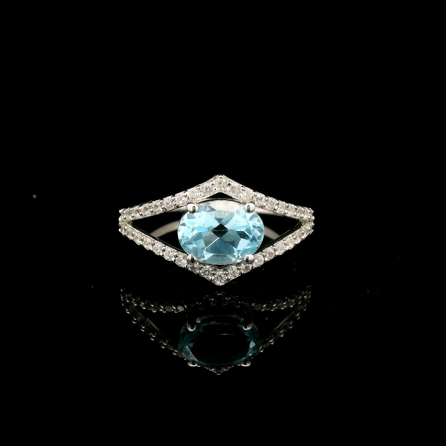 1.92 Ct Oval Blue Topaz, White Zircon 925 Sterling Silver Ring