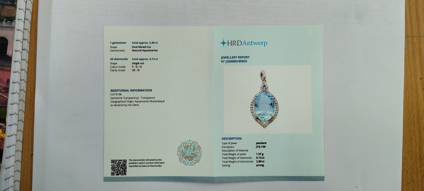 2.93 Ct Oval Mixed Cut Natural Aquamarine 14K Gold Pendant