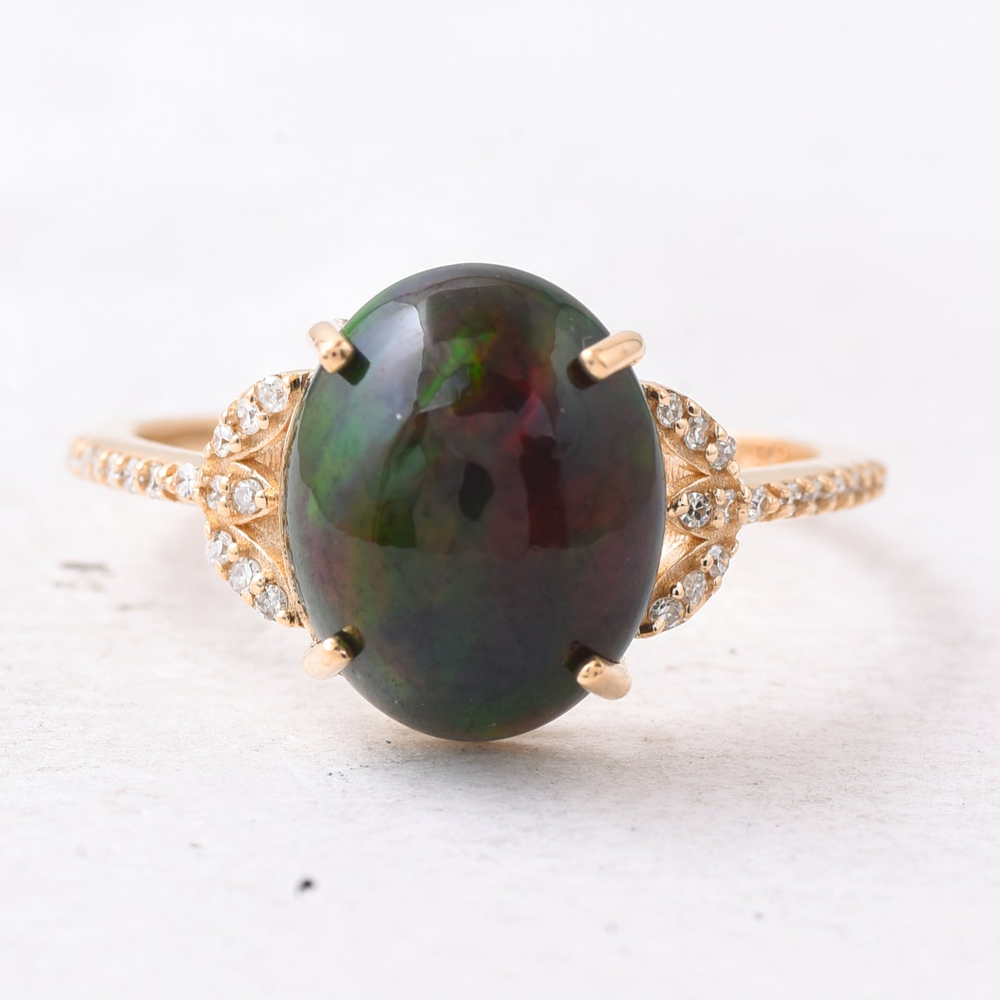 2.87 Ct Oval Cabochon Cut Natural Black Opal 14K Gold Ring