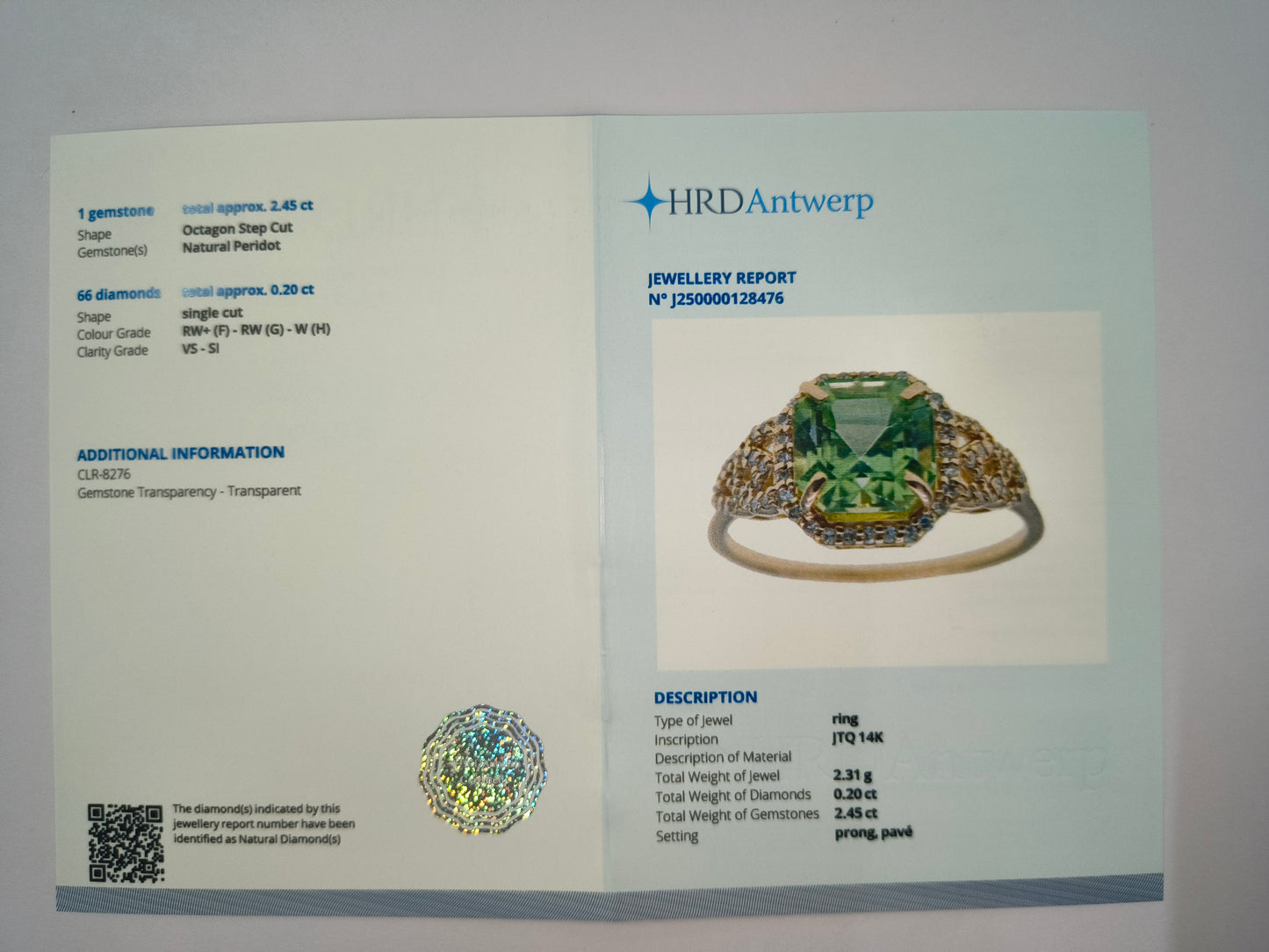 2.65 Ct Octagon Natural Eridot 14K Gold Ring