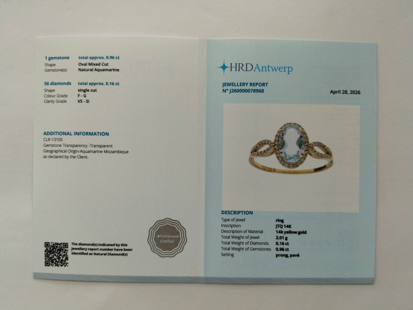 1.12 Ct Oval Mixed Cut Natural Aquamarine 14K Gold Ring