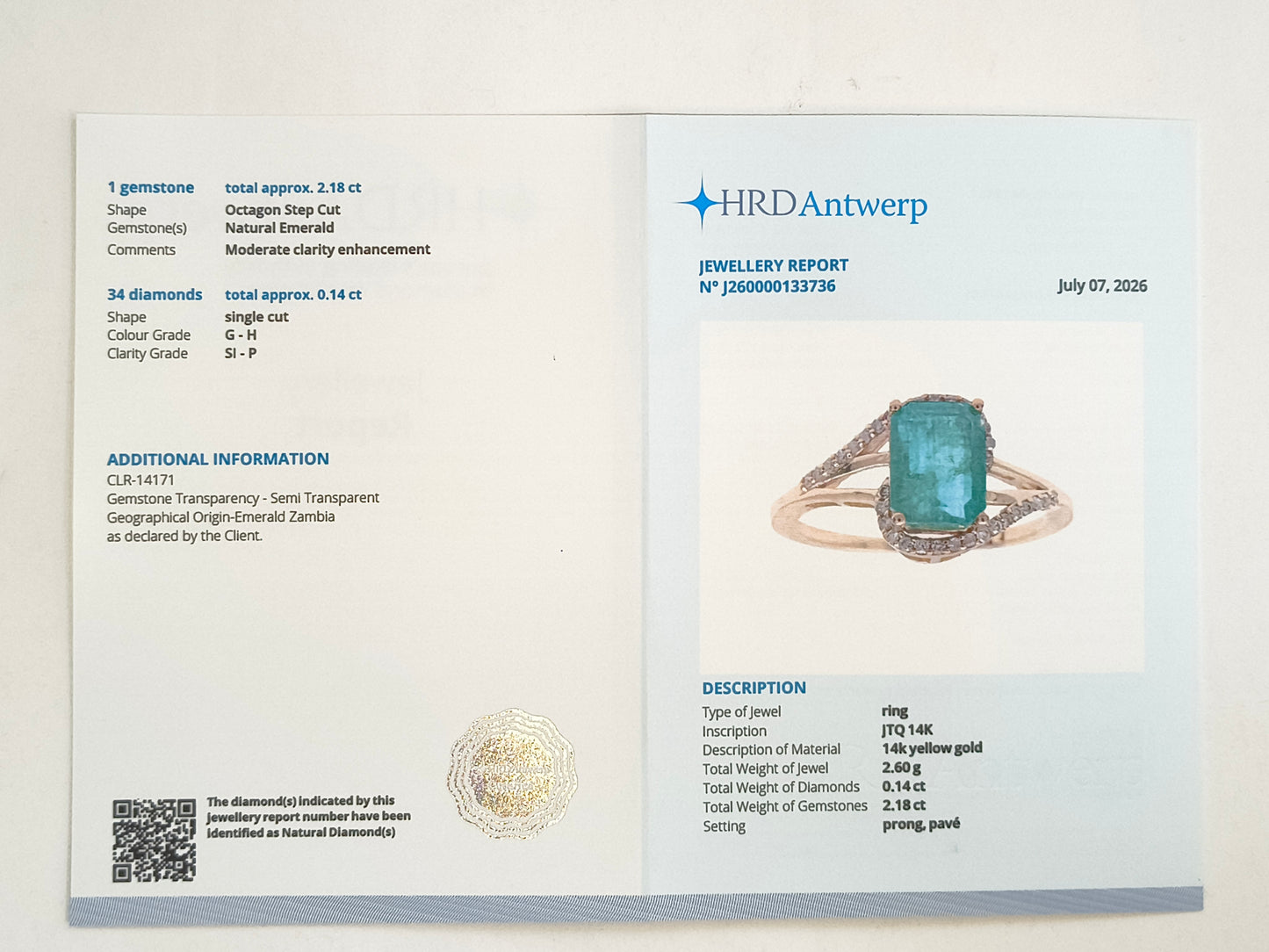 2.32 Ct Octagon Step Cut Natural Emerald 14K Gold Ring