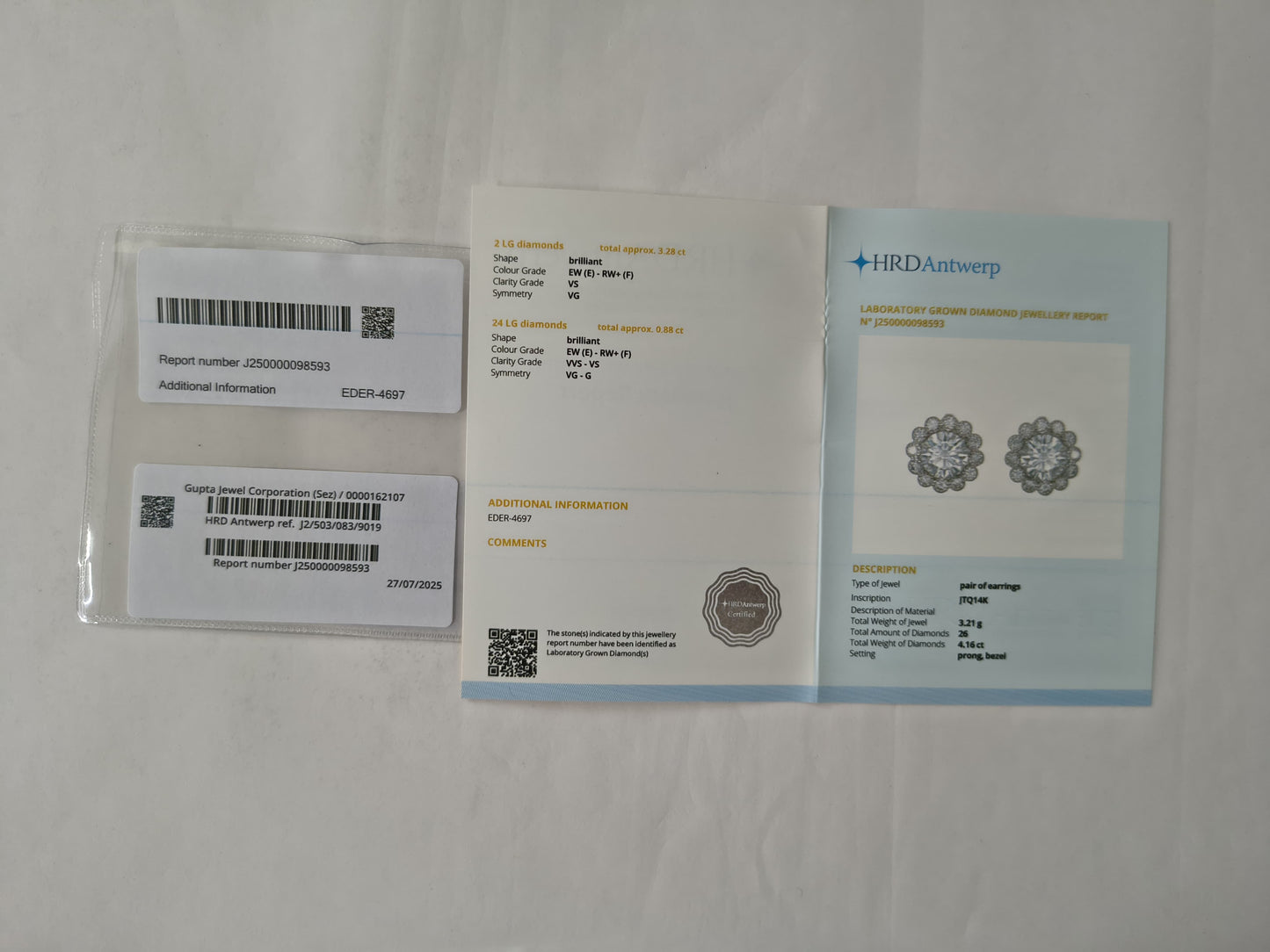 4.16 Carats Lab Grown Diamond 14K Gold Earrings