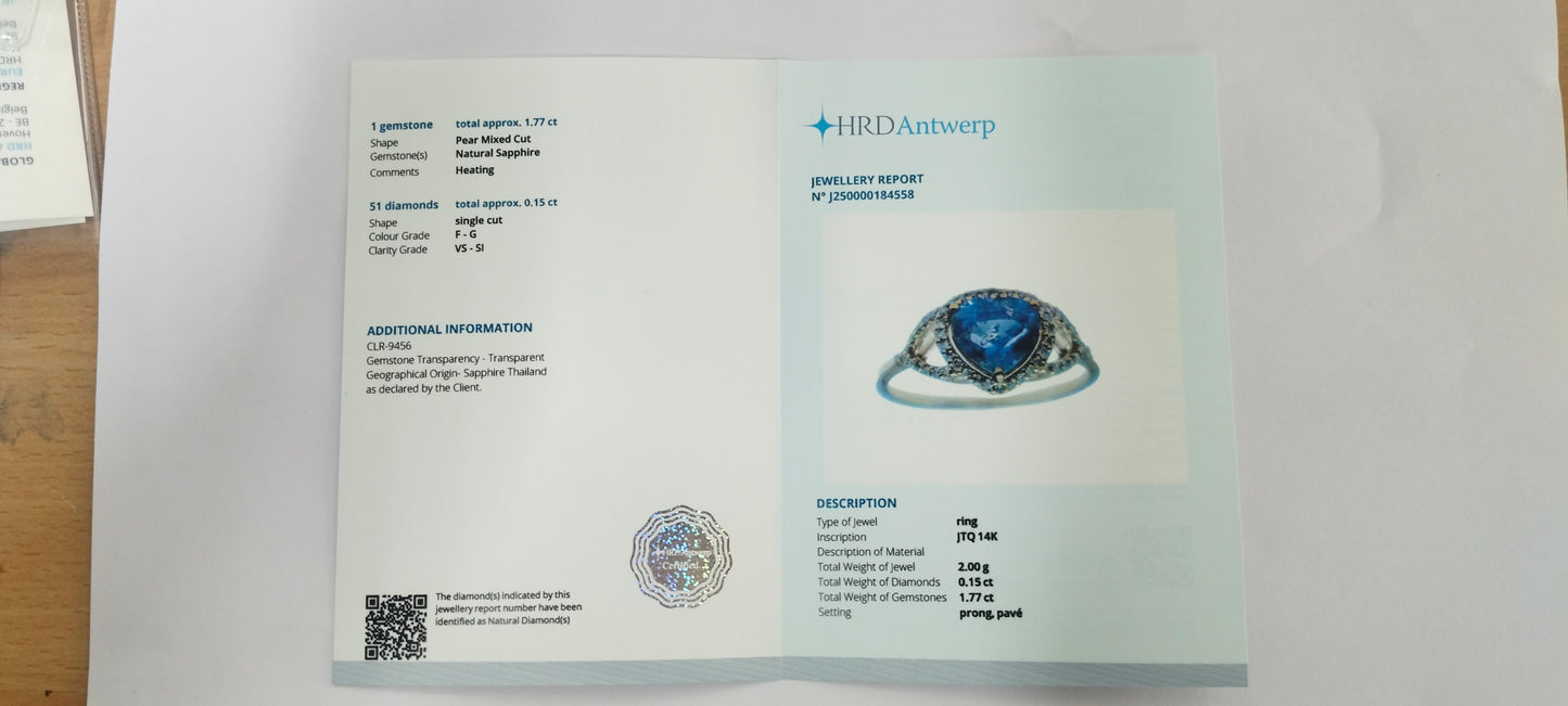 1.92 Ct Pear Mixed Cut Natural Sapphire 14K Gold Ring