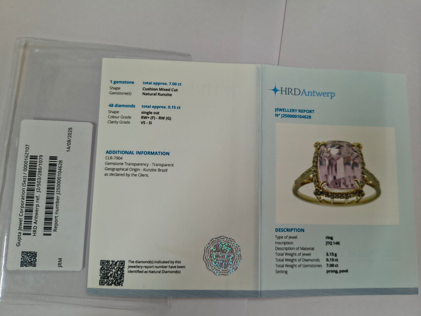 7.15 Ct Cushion Mixed Cut Natural Kunzite 14K Gold Ring