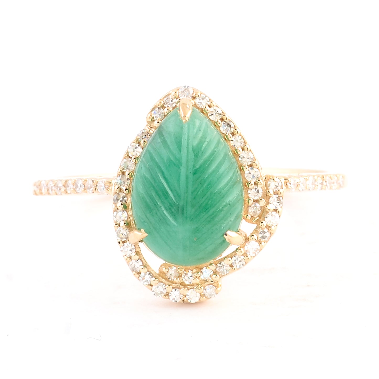 1.98 Ct Pear Carving Natural Beryl Emerald 14K Gold Ring