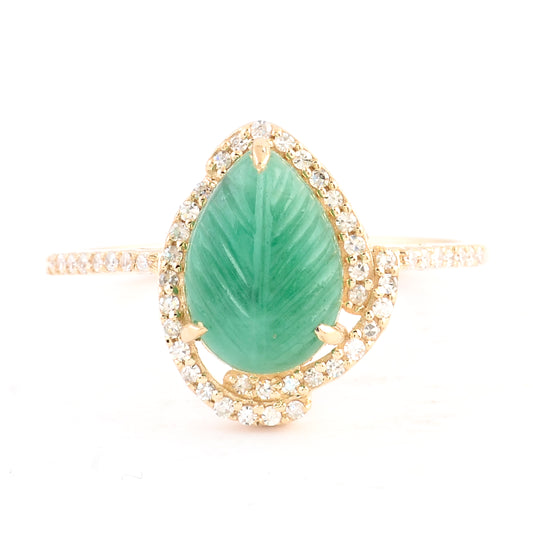 1.98 Ct Pear Carving Natural Beryl Emerald 14K Gold Ring