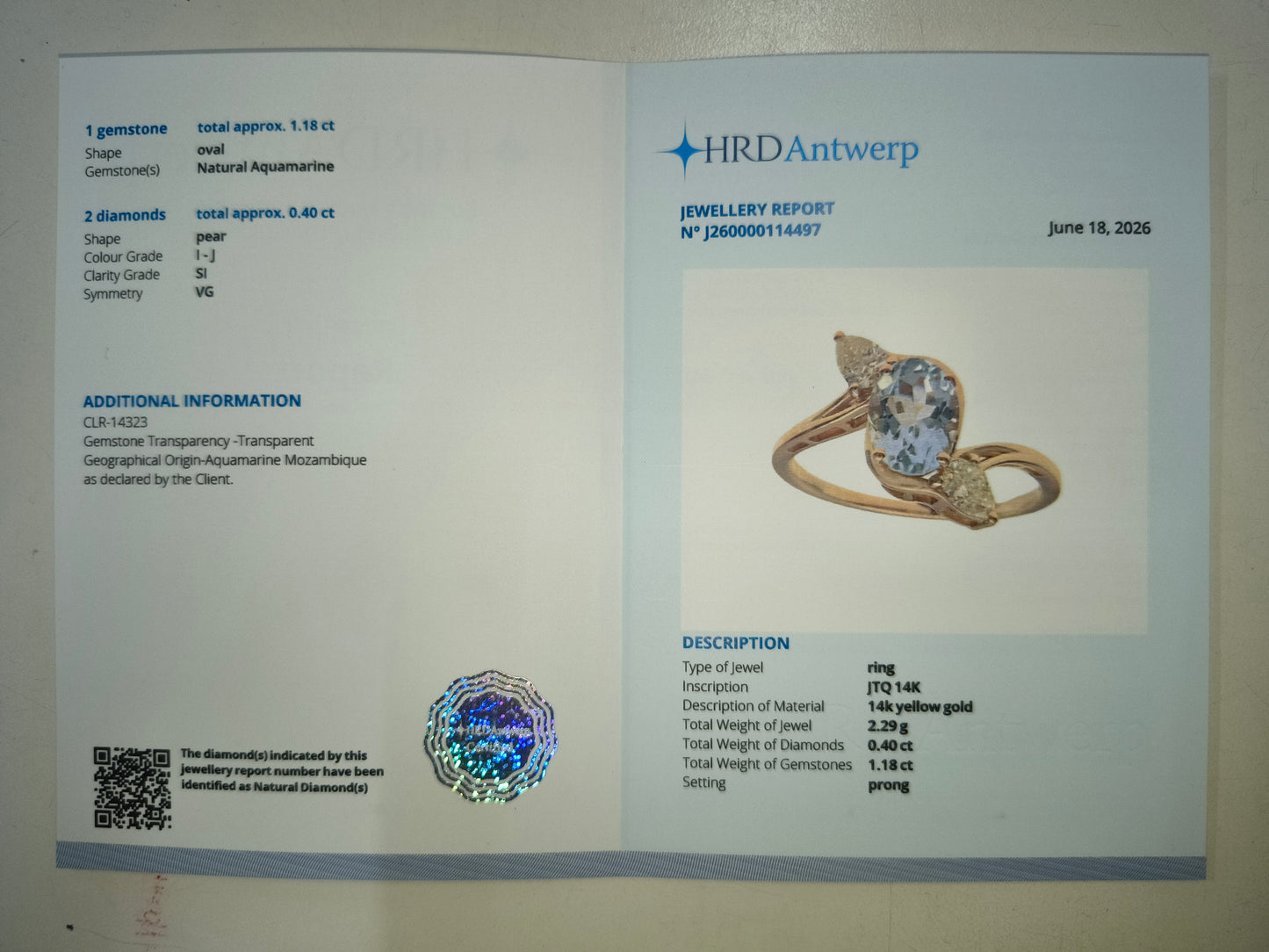 1.58 Ct Pear Natural Aquamarine 14K Gold Ring