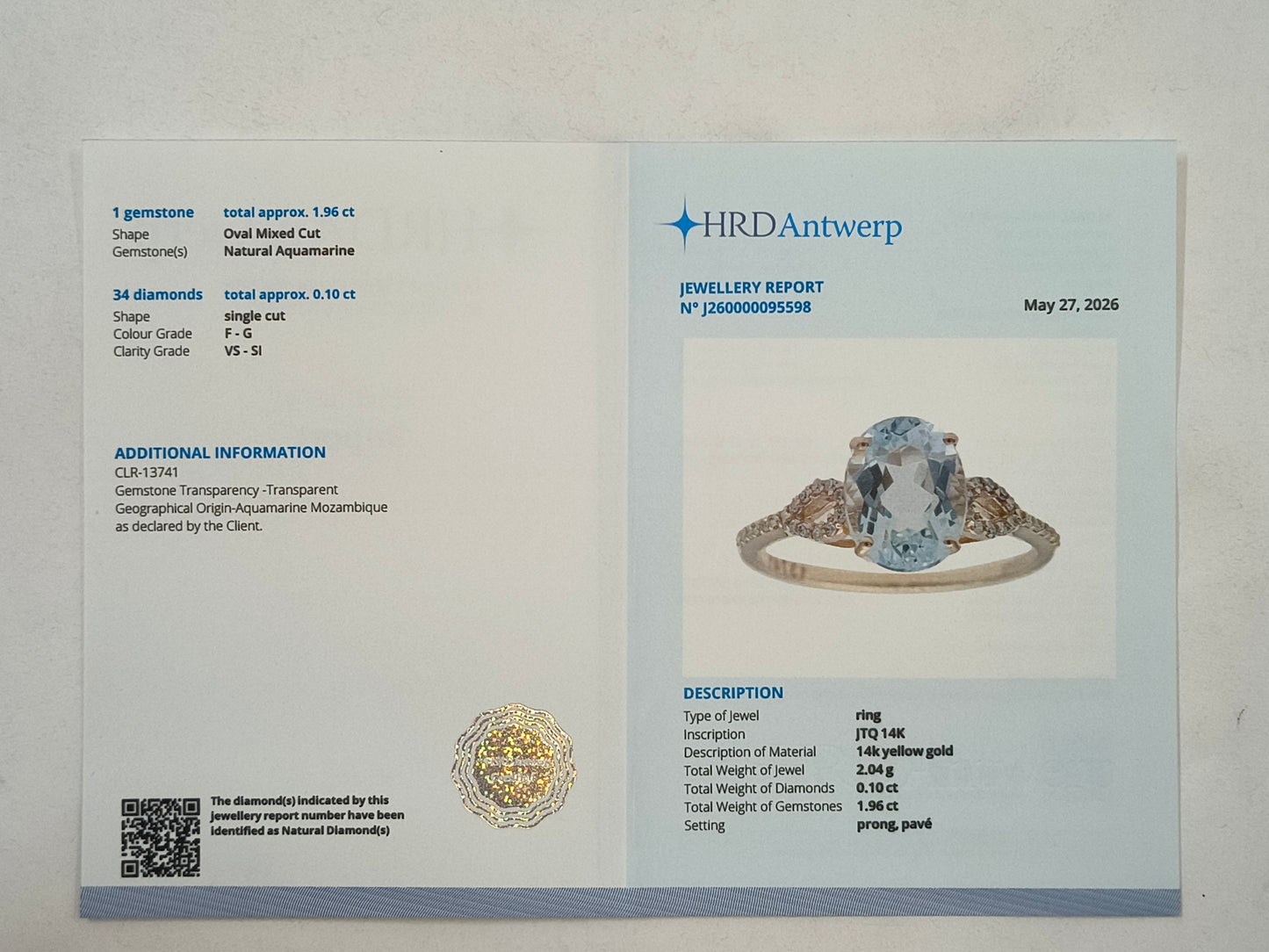 2.06 Ct Oval Mixed Cut Natural Aquamarine 14K Gold Ring