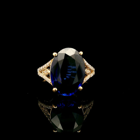 6.58 Ct Oval Mixed Cut Lab Grown Sapphire 14K Gold Ring