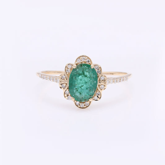 0.95 Ct Oval Mixed Cut Natural Beryl Emerald 14K Gold Ring