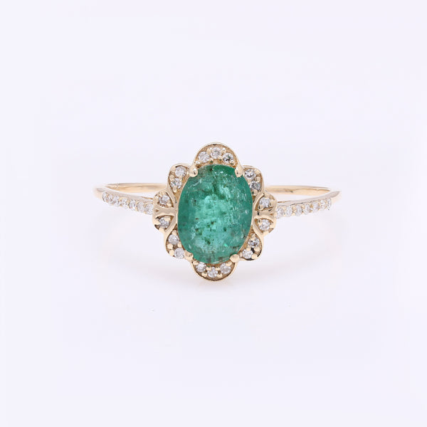 0.95 Ct Oval Mixed Cut Natural Beryl Emerald 14K Gold Ring
