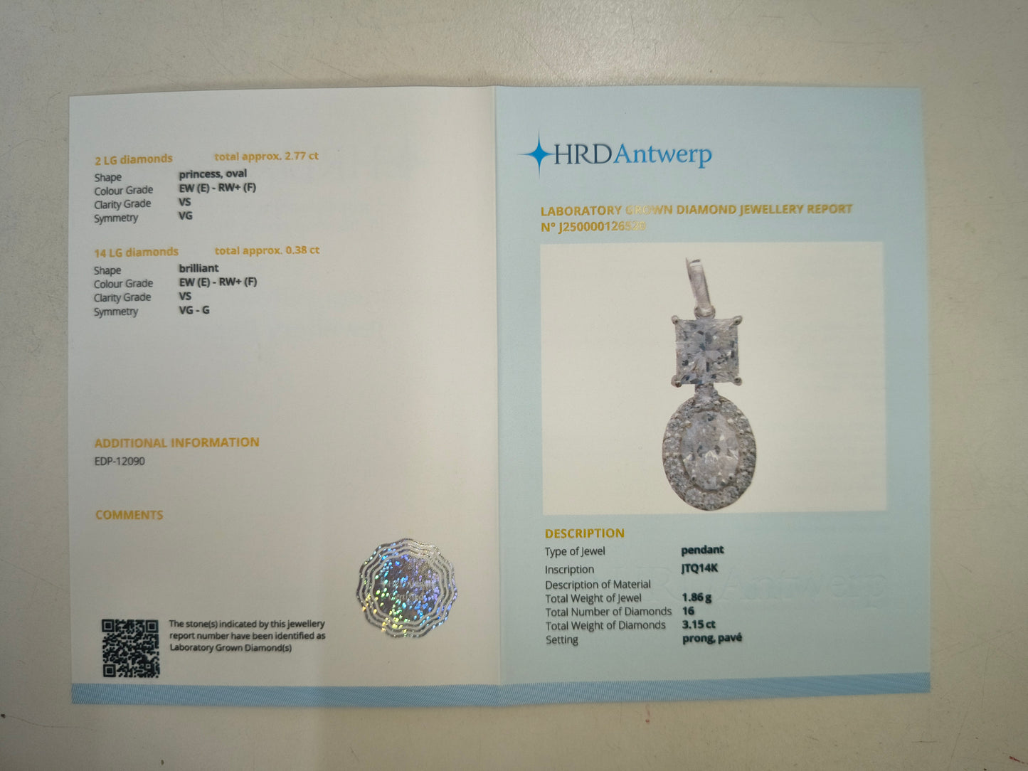 3.15 Carats Lab Grown Diamond 14K Gold Pendant