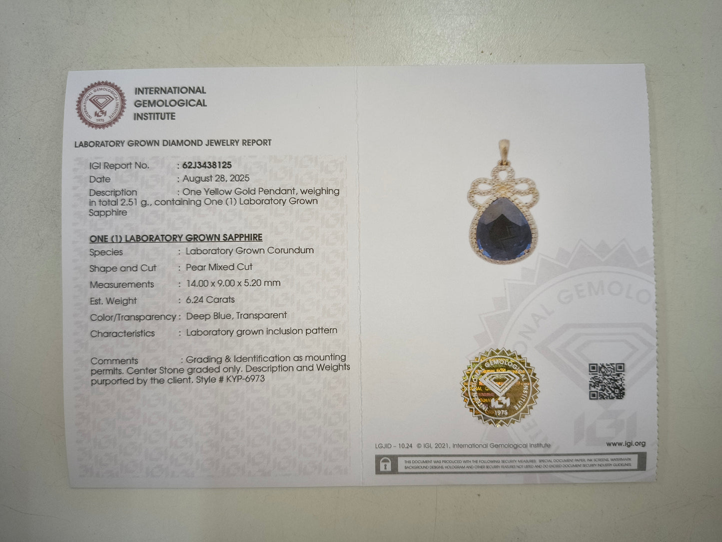 6.50 Ct Pear Mixed Cut Lab Grown Sapphire 14K Gold Pendant