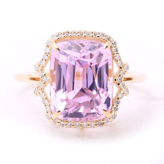 6.76 Ct Cushion Mixed Cut Natural Kunzite 14K Gold Ring