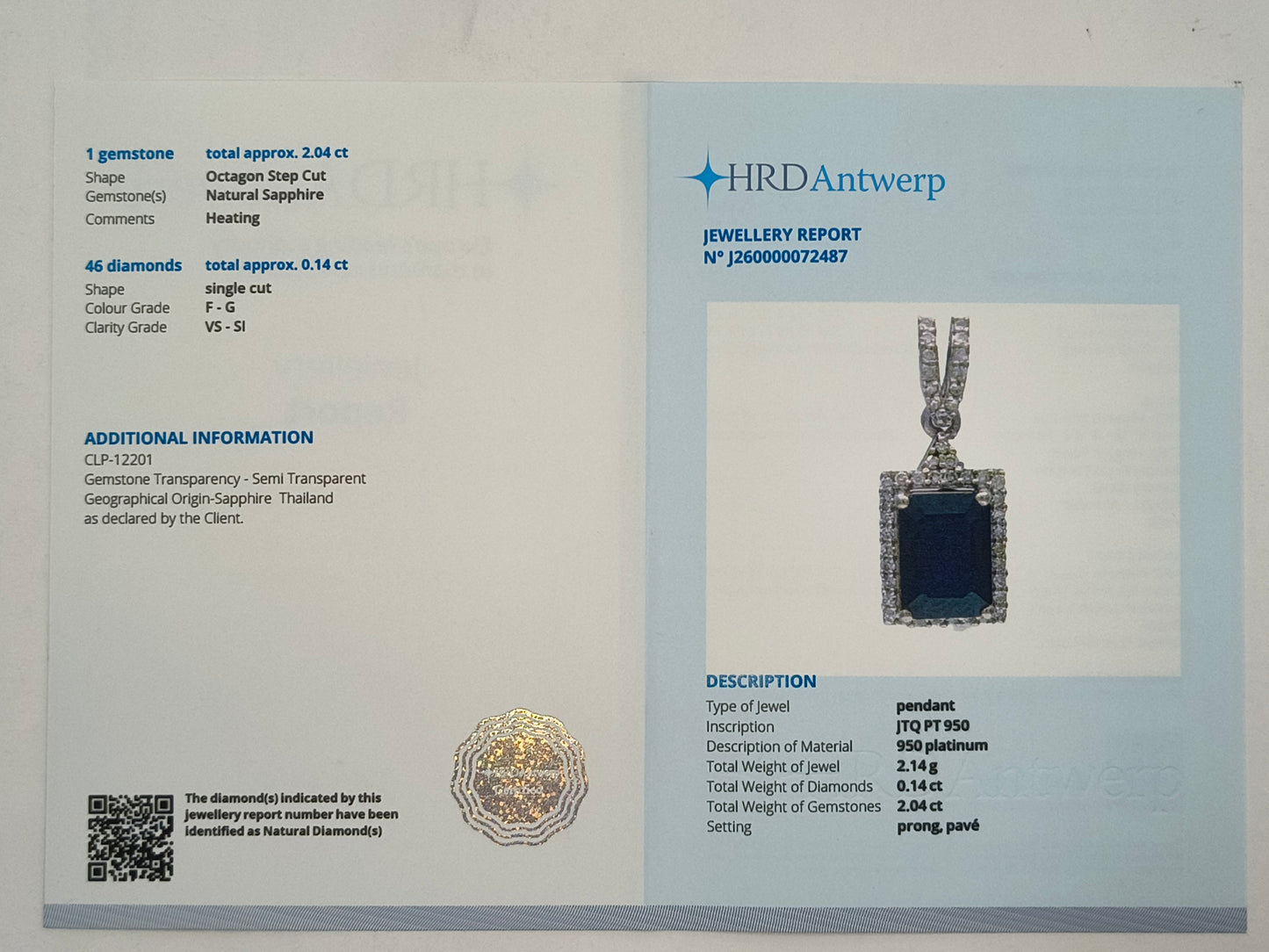 2.18 Ct Octagon Step Cut Natural Sapphire 950 Platinum Pendant