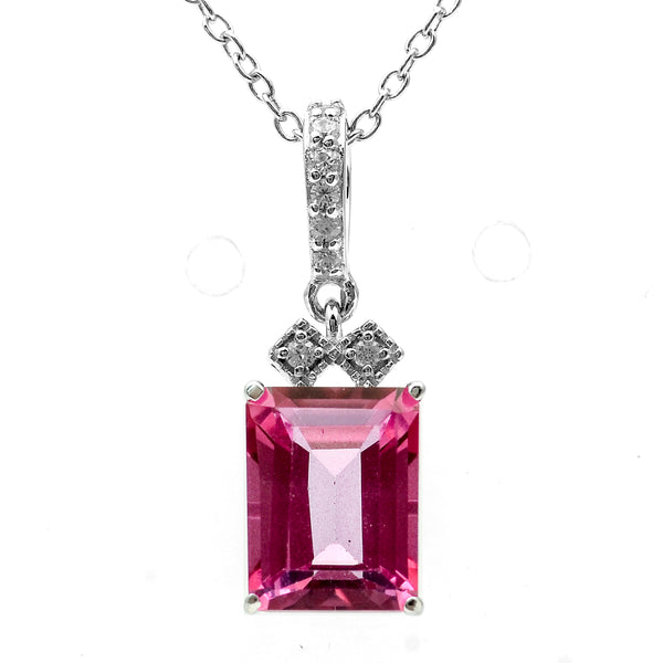 3.08 Ct Octagon Pink Topaz, White Zircon 925 Sterling Silver Pendant
