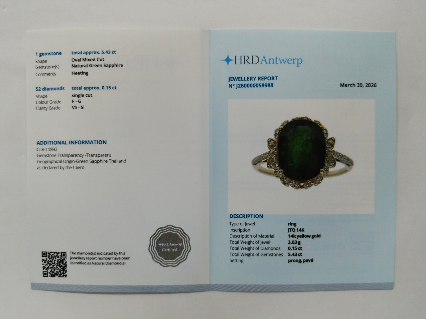 5.58 Ct Oval Mixed Cut Natural Green Sapphire 14K Gold Ring